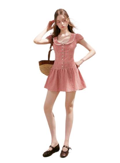 Tencel Cotton Lace Vintage Plaid Short Sleeve Dress