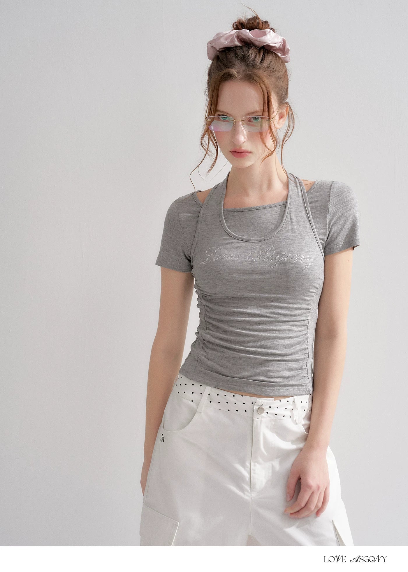 Lyocell Rhinestone Pleated Short Sleeve T-Shirt