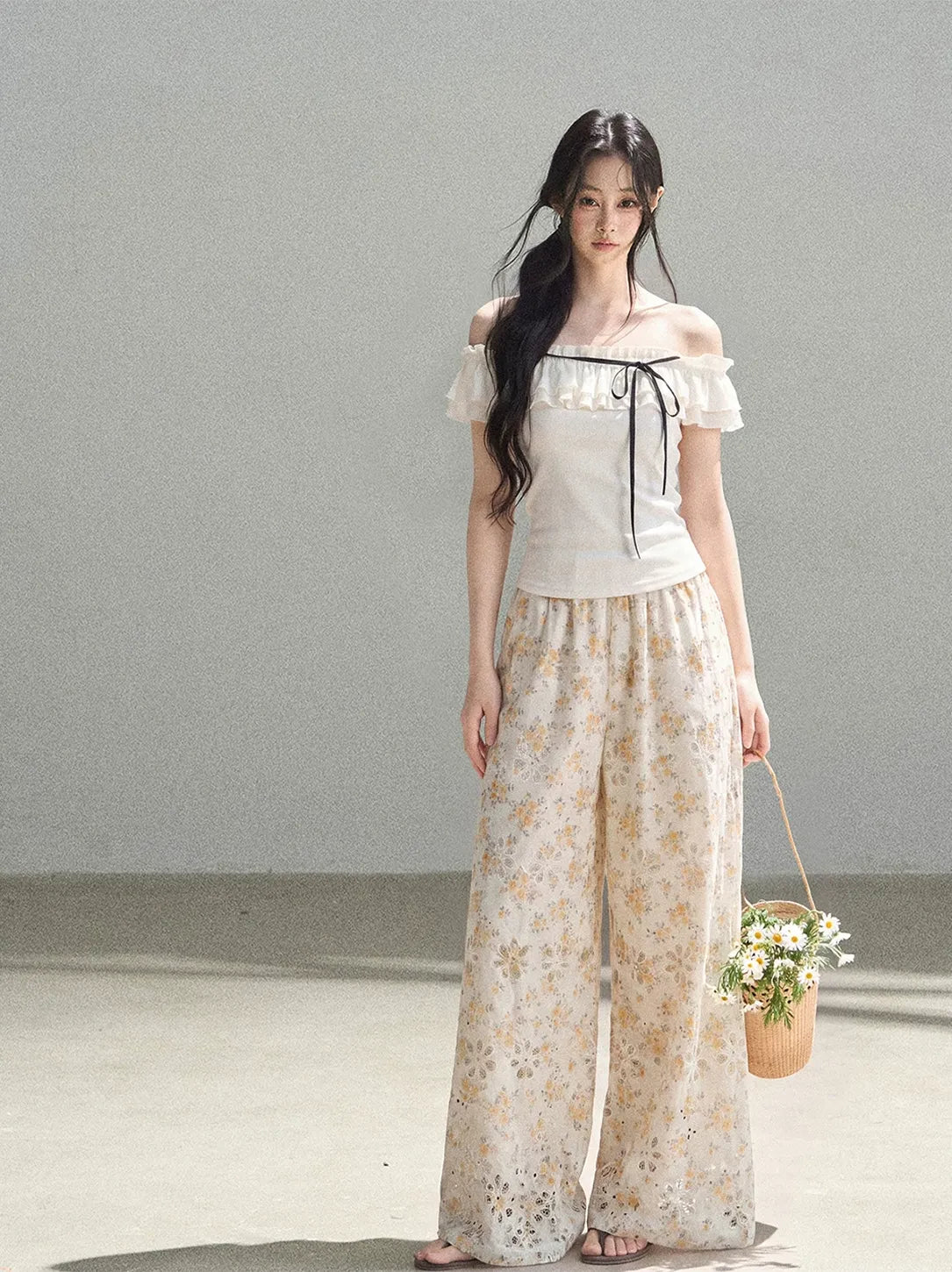 Laser-Cut Floral Wide-Leg Pants