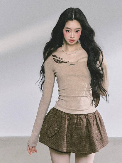 Lace Panel Fitted Long-Sleeve Top