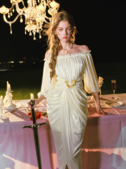 Satin Off-Shoulder Maxi Dress