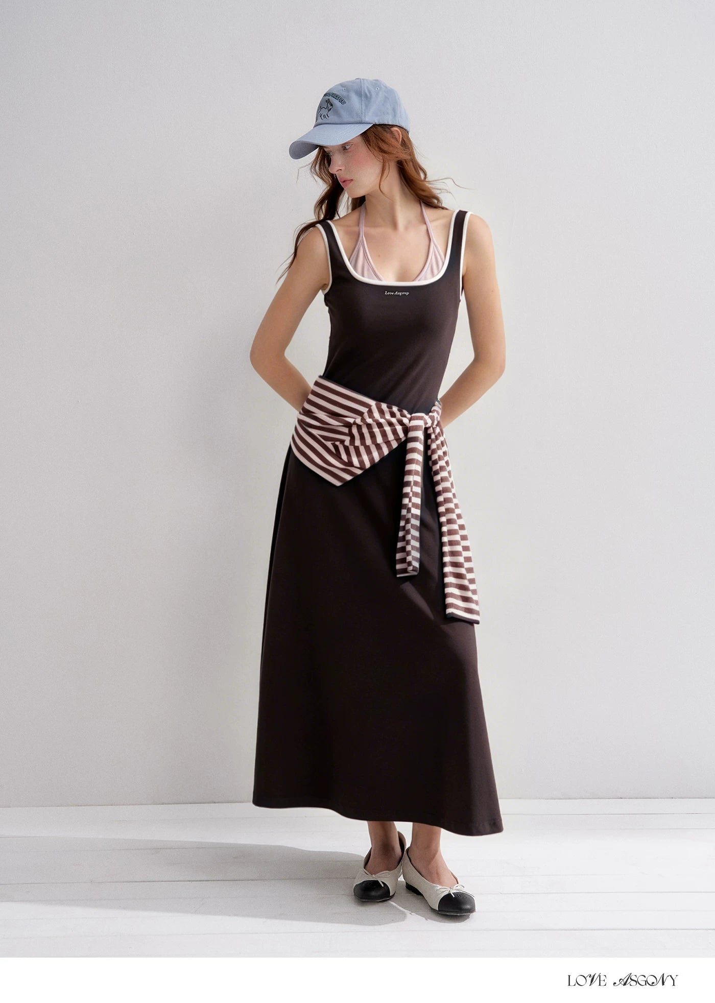 Contrast Color U-Neck Halter Knit Long Dress