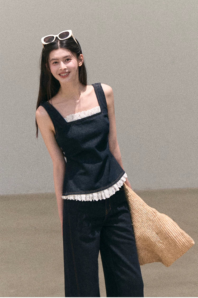 Washed Denim Wide-Leg Set