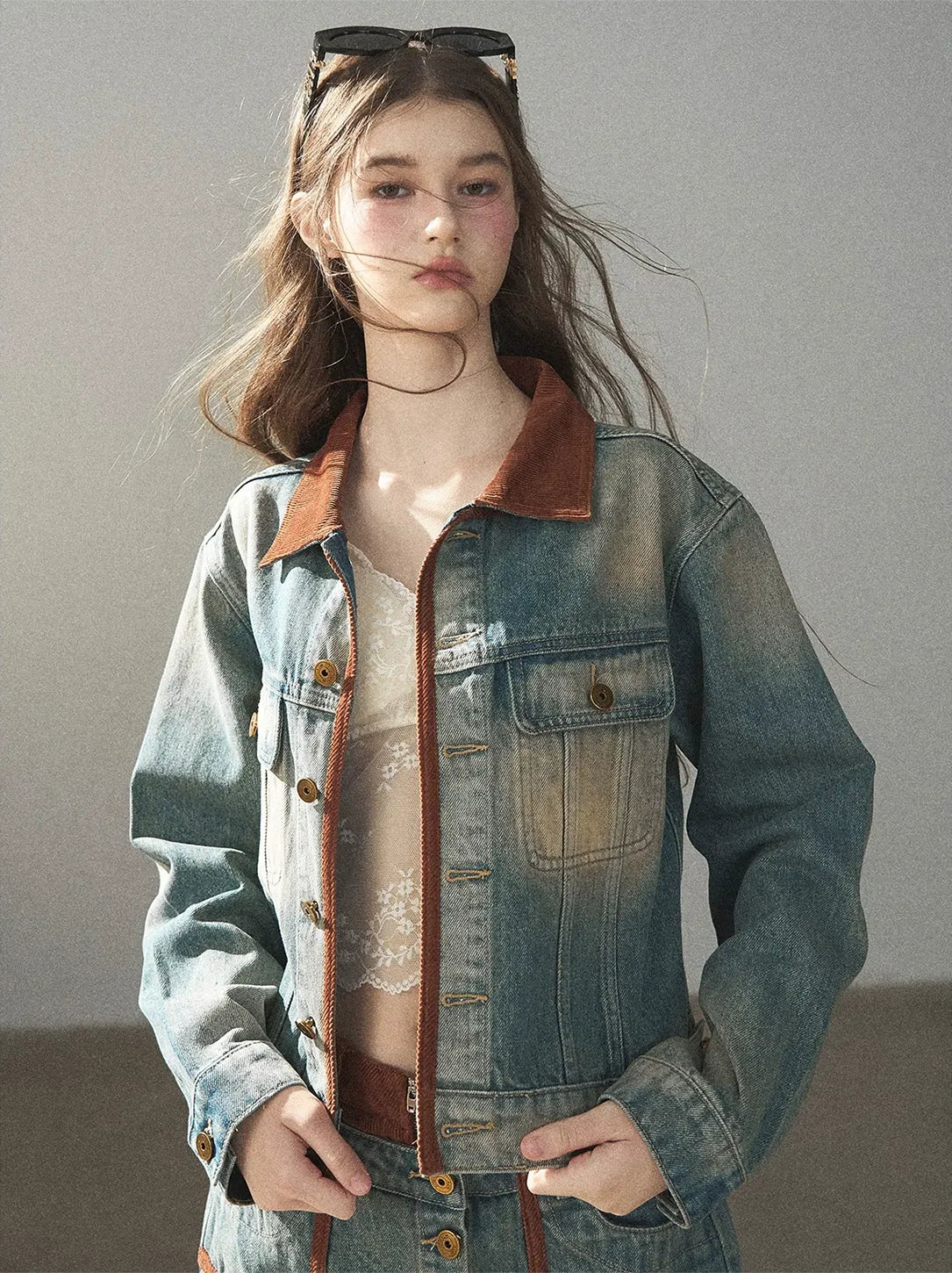Washed Denim Jacket Skirt Set