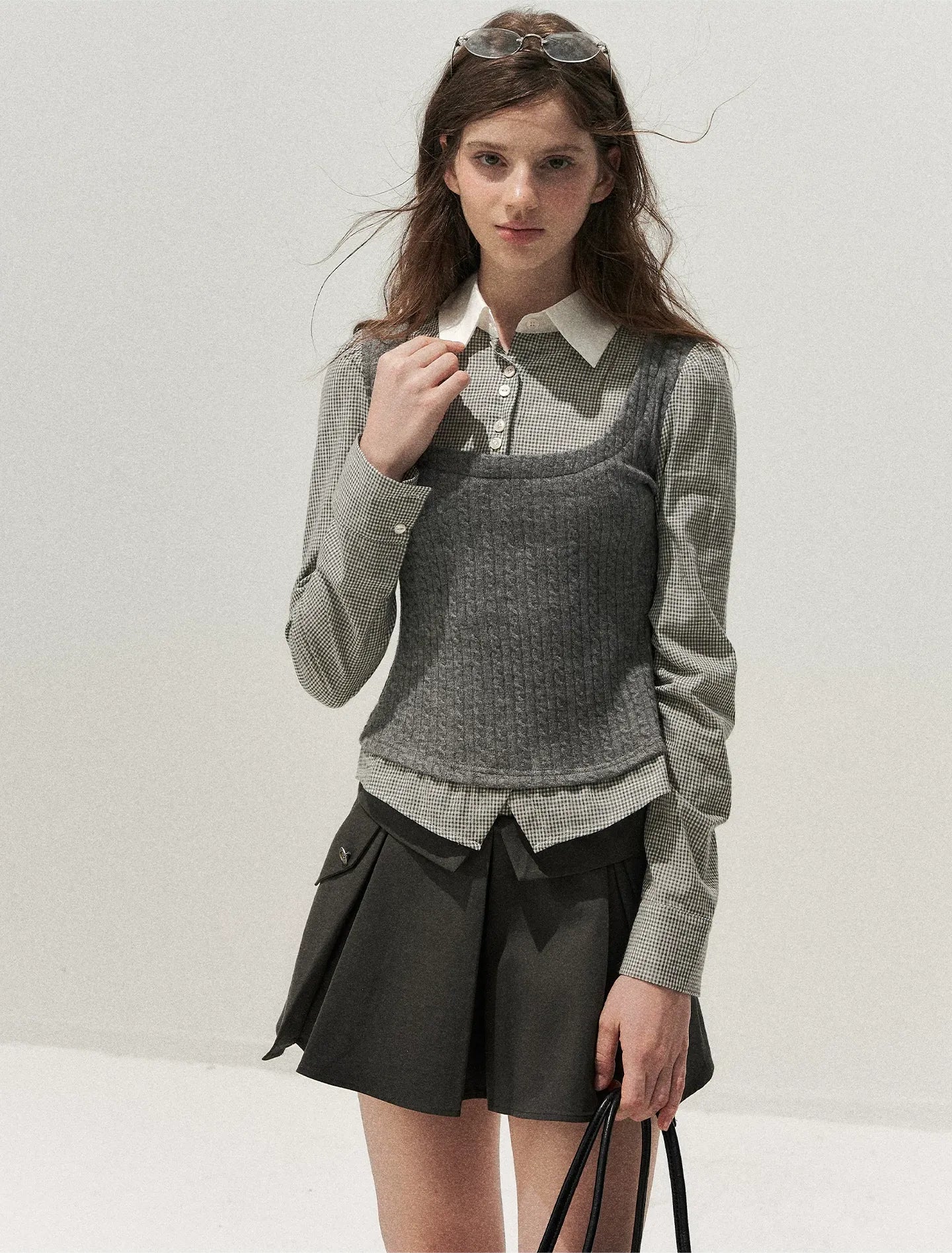 Cable-Knit Layered Shirt Vest
