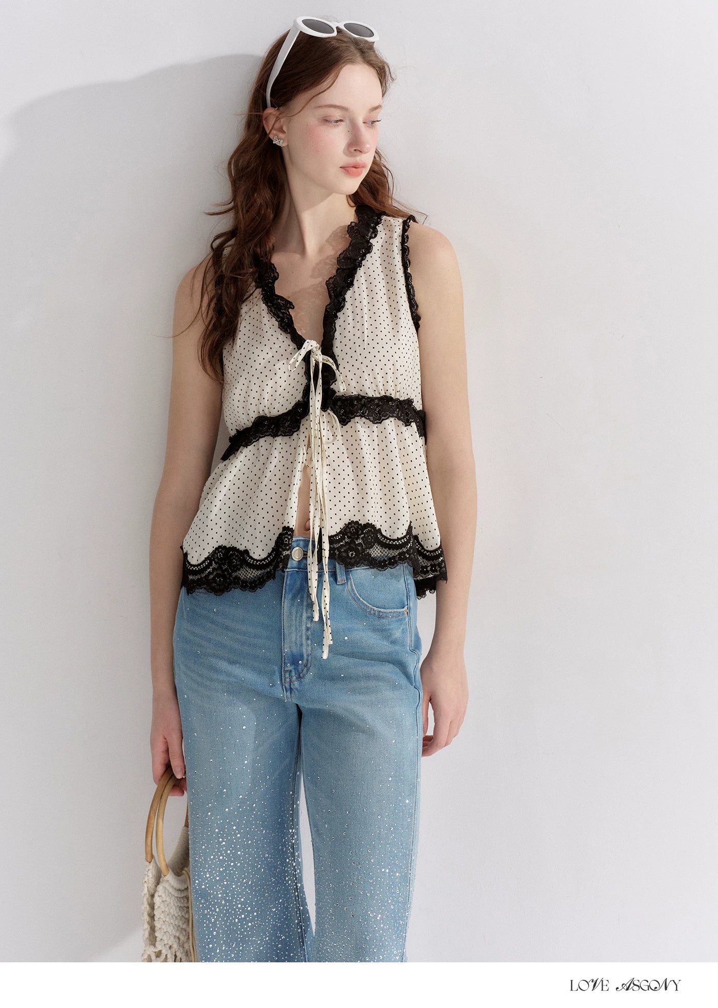 V-Neck Lace Polka Dot Waist-Defined Sleeveless Top