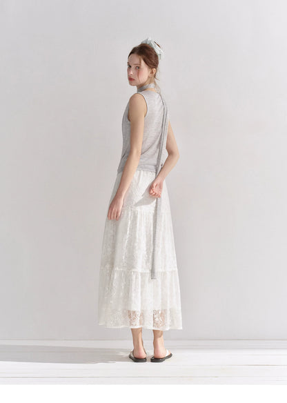 Lace Trim Elastic Waist A-line Long Skirt