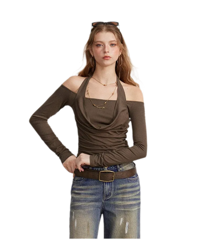 Draped Off-Shoulder Long-Sleeve Top