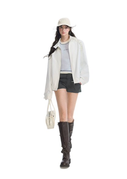 Ruffled Stand Collar Harrington Jacket