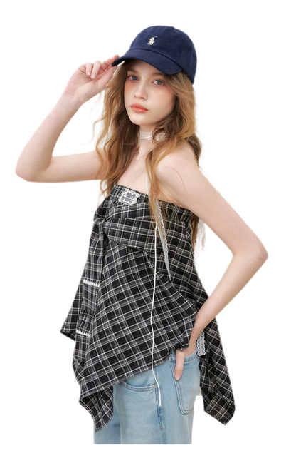 Asymmetric Lace Patchwork Plaid Skirt/Top