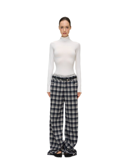 Brushed Plaid Wide-Leg Pants