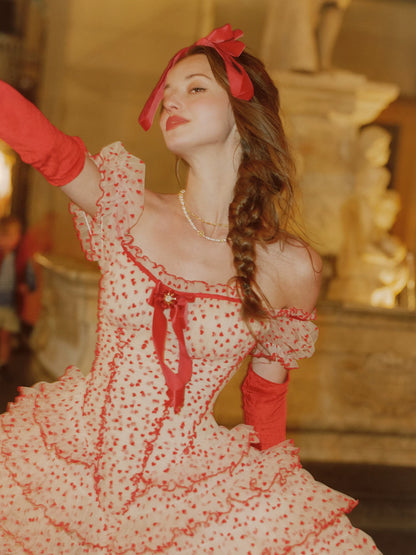 Flocked Bow Ruffle Dress