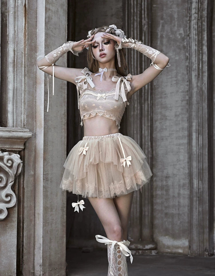Lace Bow Layered Tulle Skirt