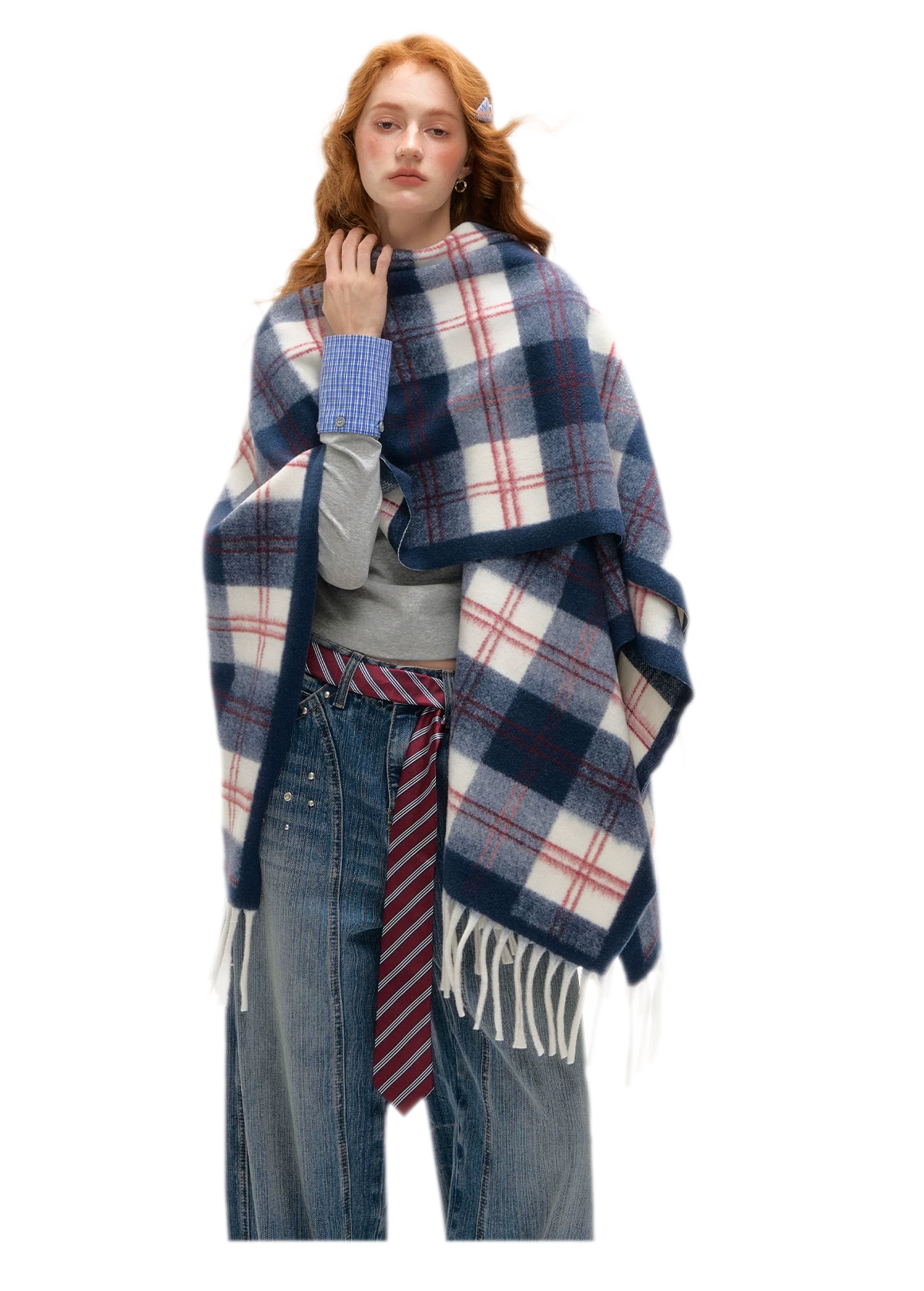 Vintage Plaid Fringed Shawl