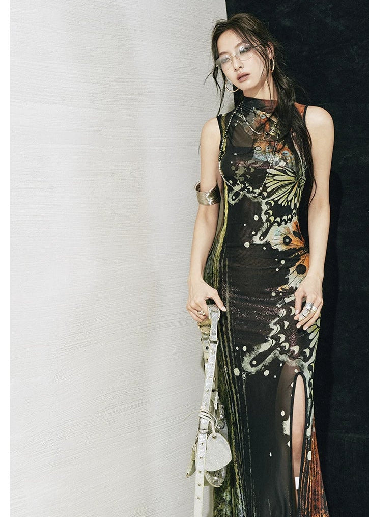 Hand-Painted Butterfly Print Two-Piece Dress Set