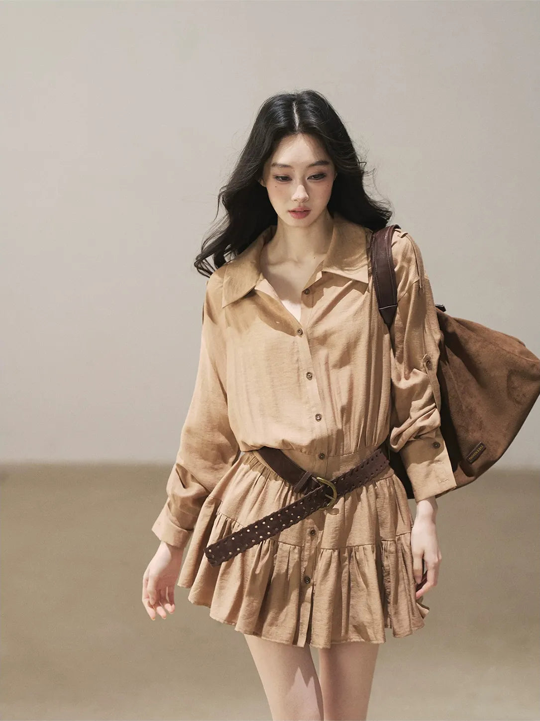 High-Waist Ruffle Shirt Dress