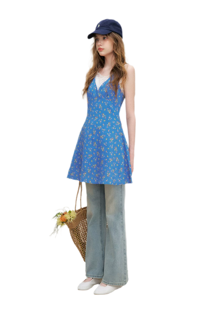 Romantic French Halter V-neck Floral Dress
