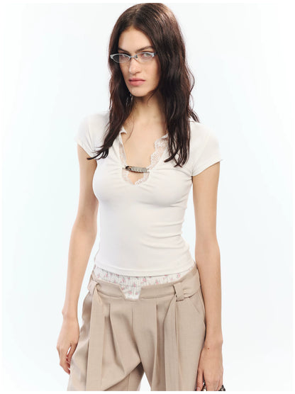 Lace Trim V-Neck Slim Fit T-Shirt