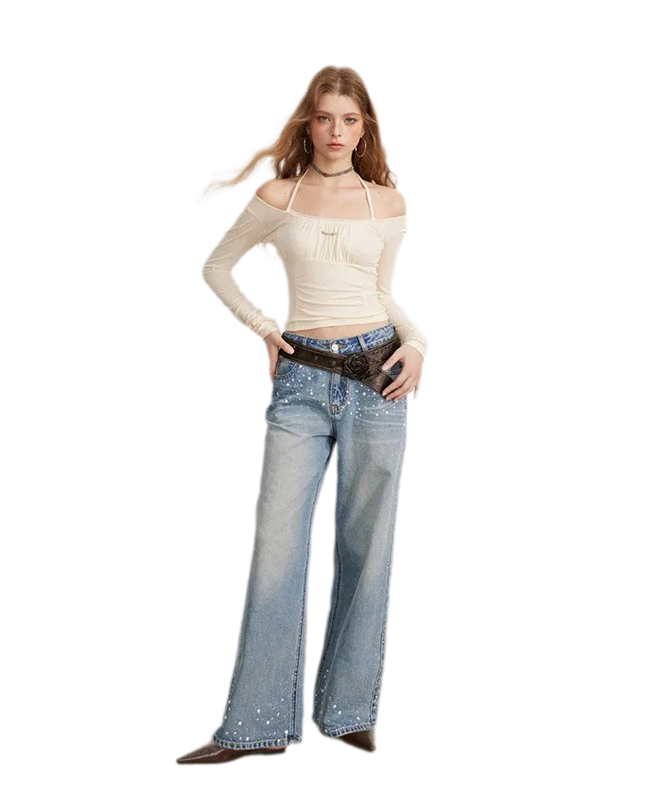 Rhinestone Pearl Wide-Leg Jeans