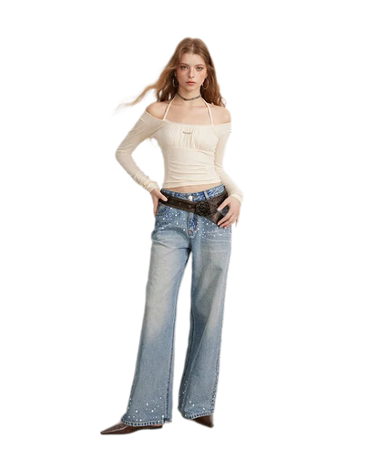 Rhinestone Pearl Wide-Leg Jeans