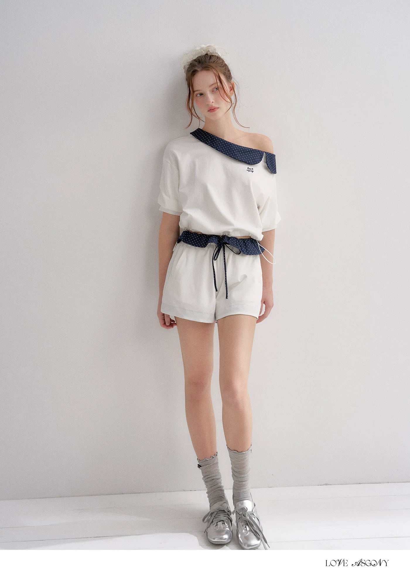 Vintage Polka Dot Asymmetric Short Sleeve Sweatshirt