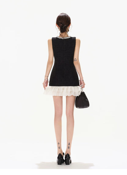 Diamond Neckline Ruffled Sleeveless Waist-Cinching Dress