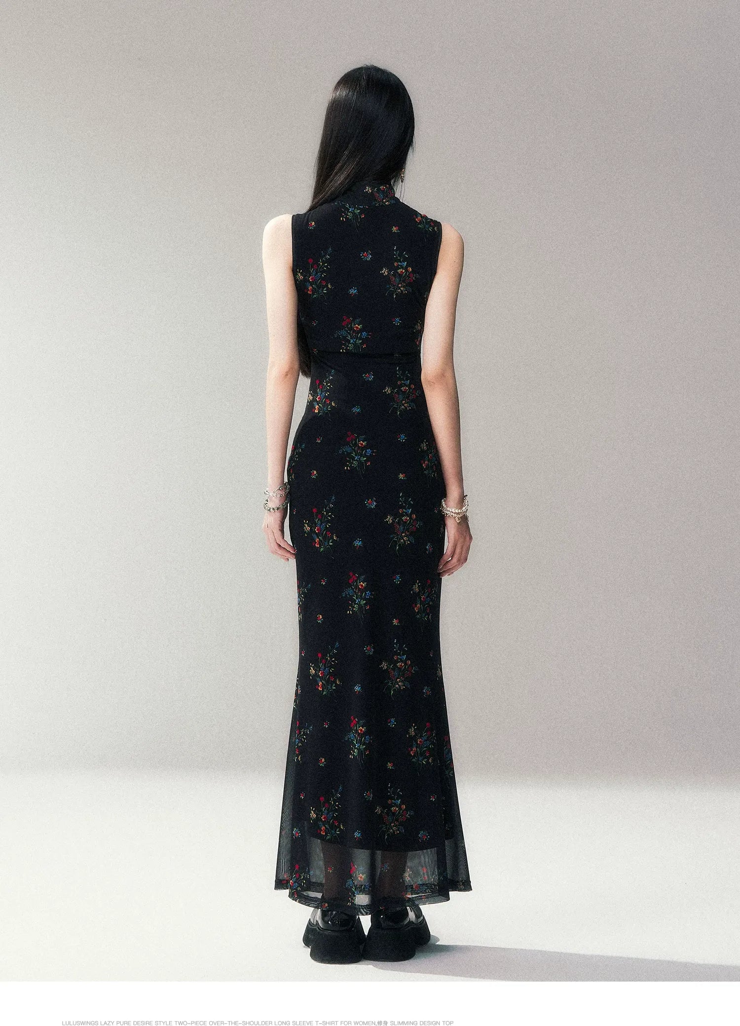 Dark Floral Mesh Qipao Dress