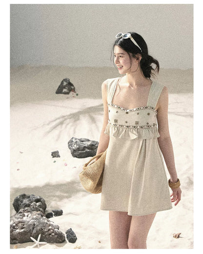 Sunlit Wheat Field Lace Strap Dress