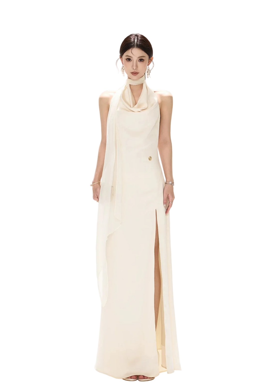 French Style One-Shoulder Backless Halter Long Dress