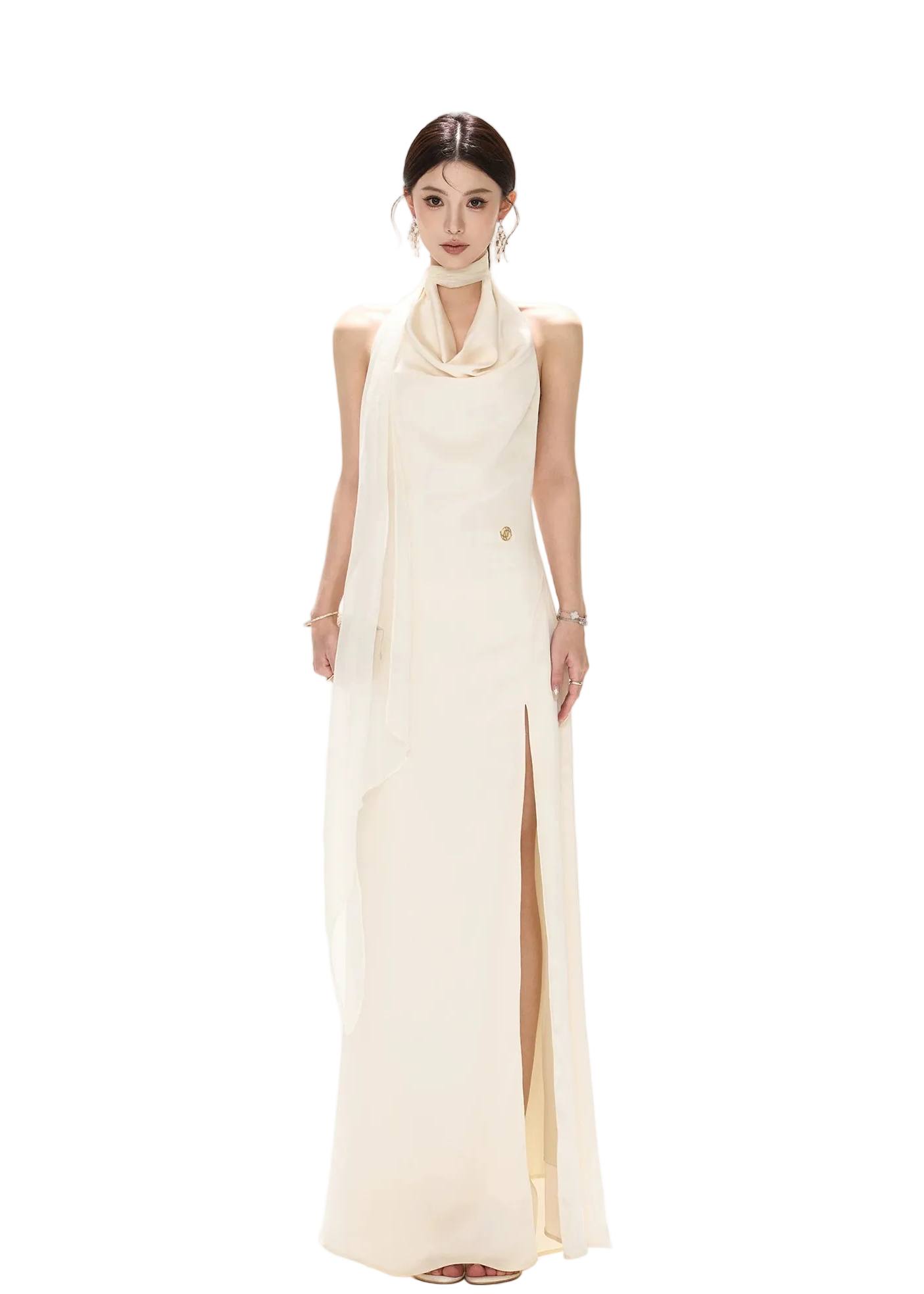 French Style One-Shoulder Backless Halter Long Dress