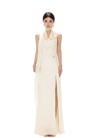 French Style One-Shoulder Backless Halter Long Dress