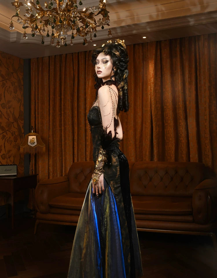 Gold Jacquard A-Line Evening Dress