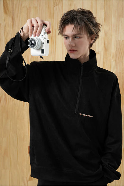 Faux Suede Oversize Polo Sweatshirt