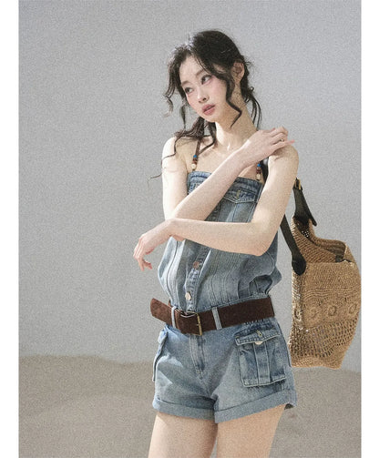 Washed Denim Jumpsuit Shorts