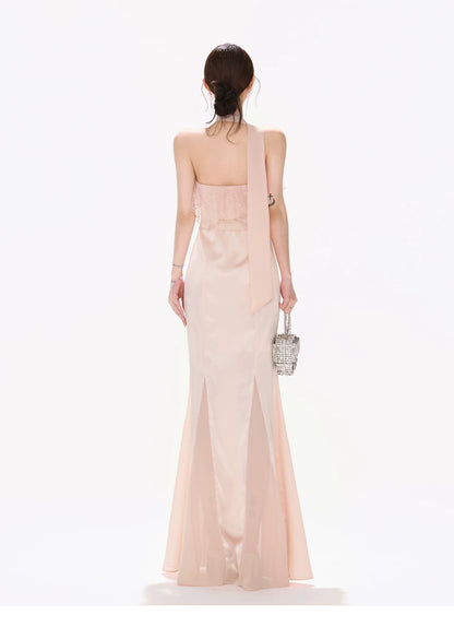 Champagne Pink Lace Fishtail Strapless Long Dress