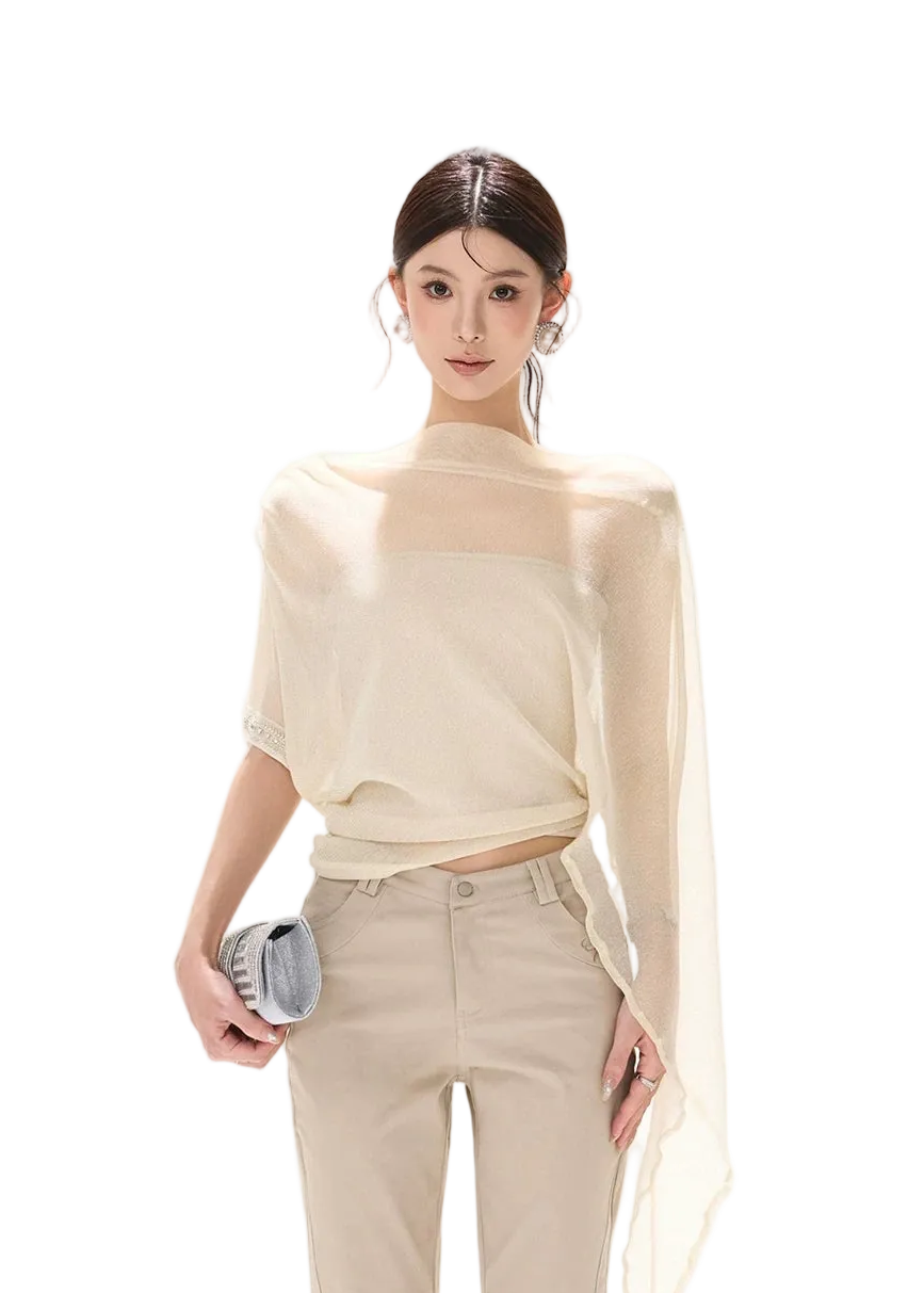 Silver Mesh Beaded Batwing Sleeve Top