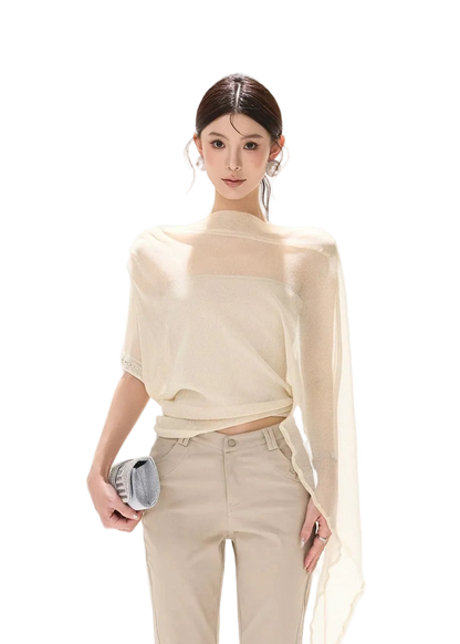Silver Mesh Beaded Batwing Sleeve Top