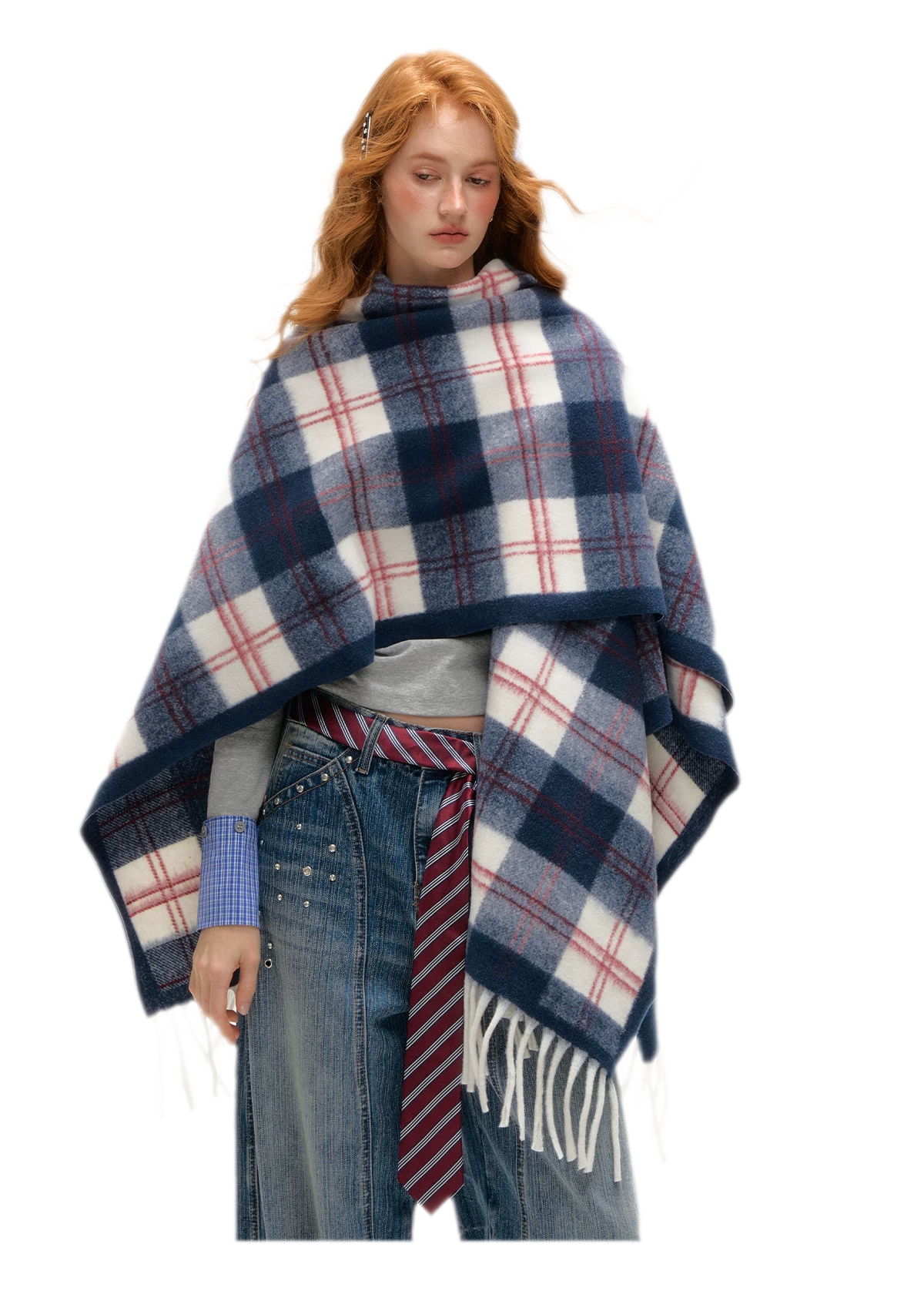 Vintage Plaid Fringed Shawl