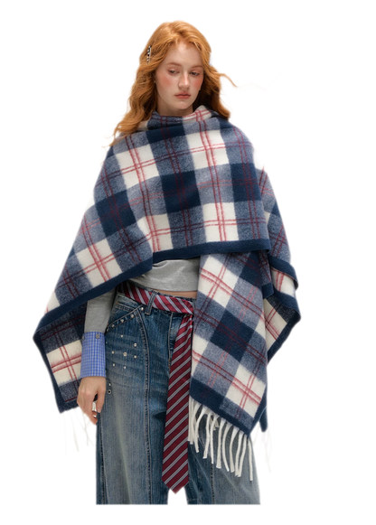 Vintage Plaid Fringed Shawl