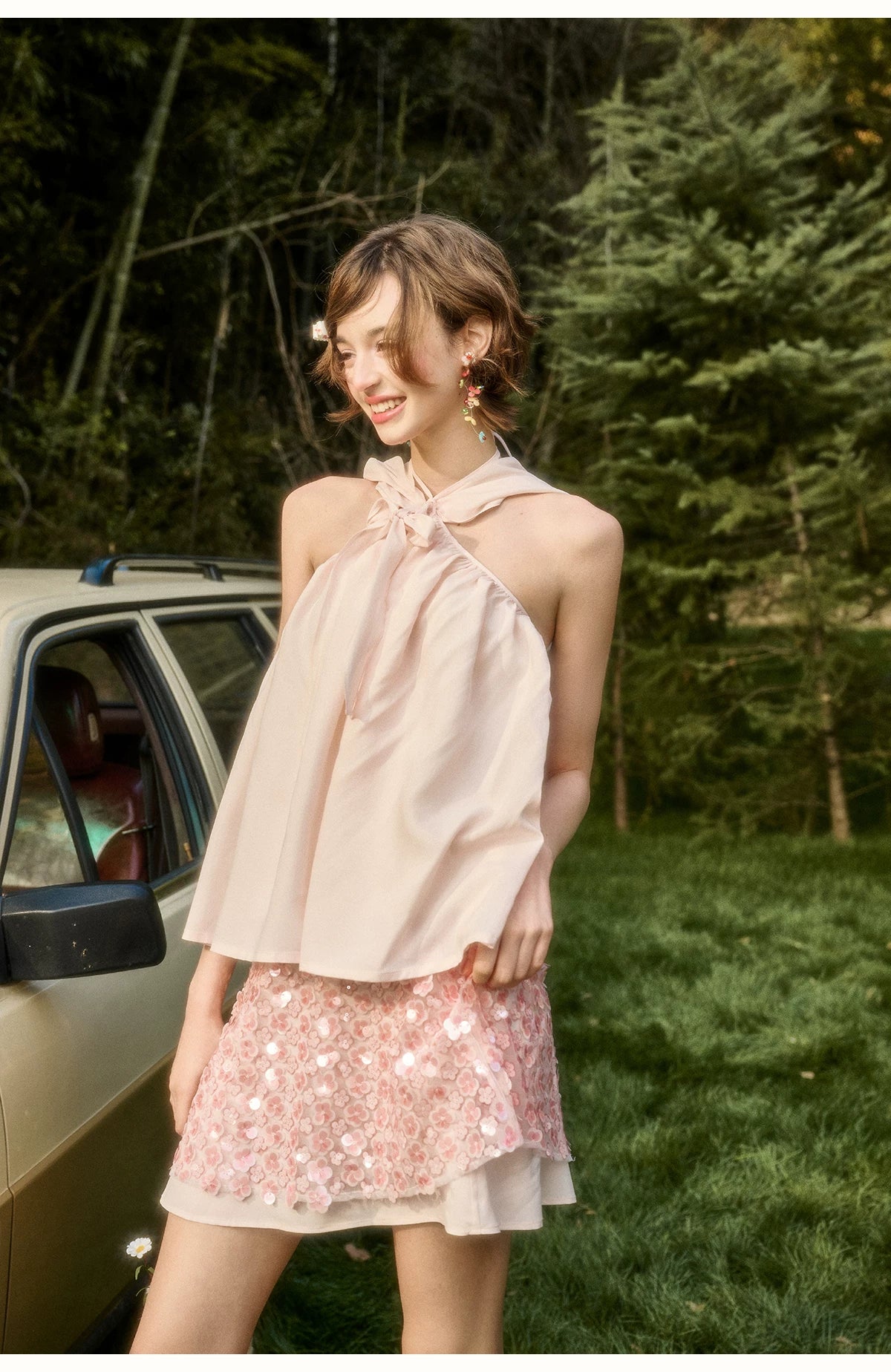 Babypink Satin Ribbon Top &amp; Sequin Skirt Set