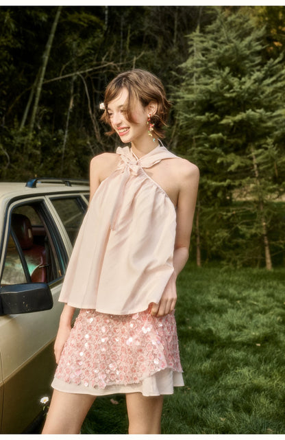 Babypink Satin Ribbon Top &amp; Sequin Skirt Set