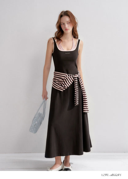 Contrast Color U-Neck Halter Knit Long Dress