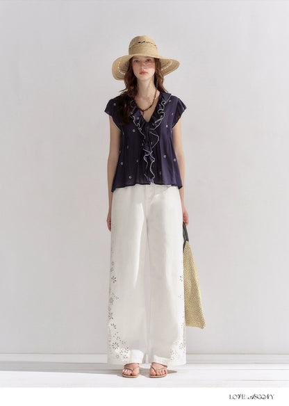 Cotton-Feel Embroidered Ruffle Sleeve Blouse