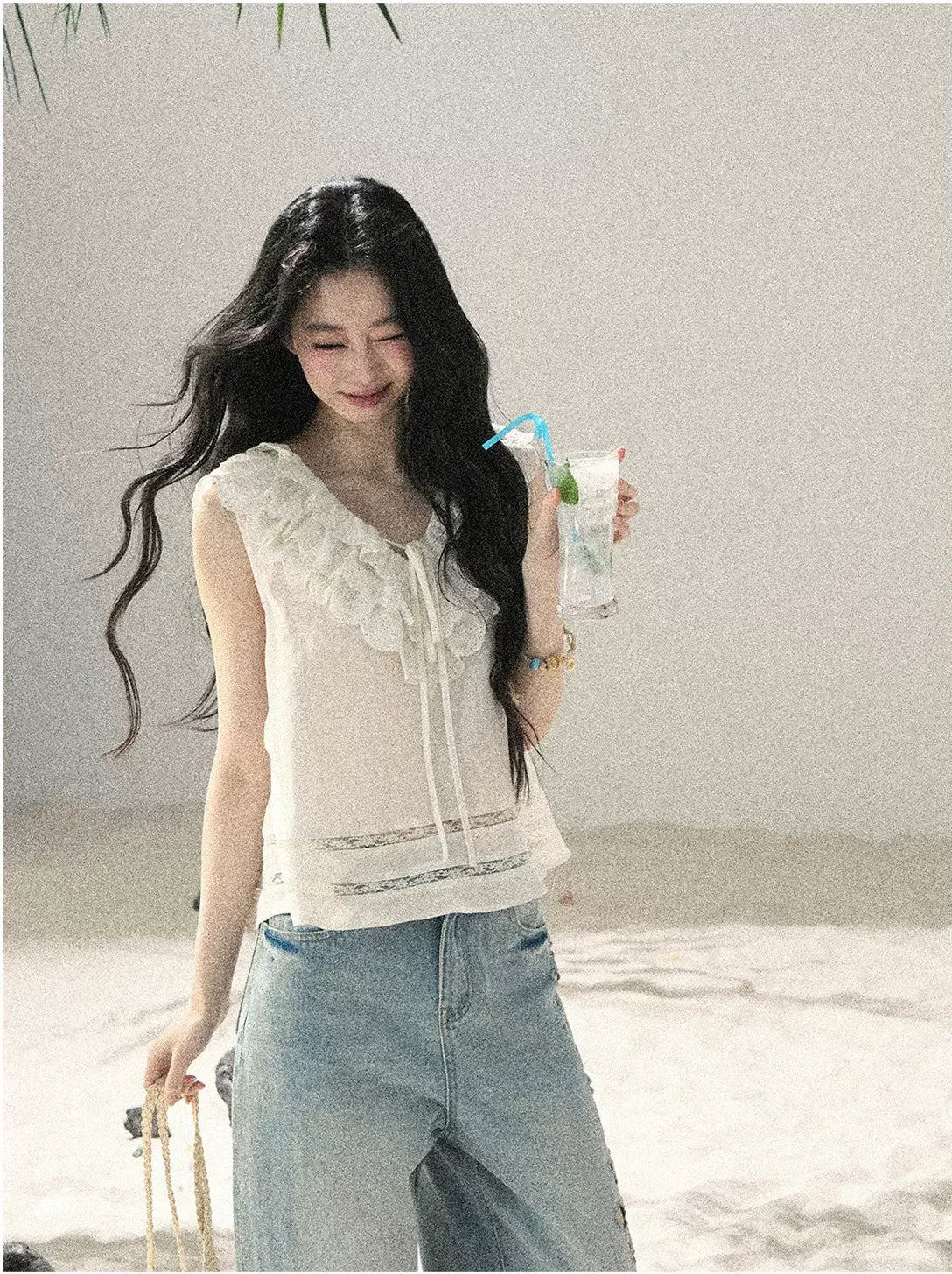Flowing Moonlight Lace Ruffle Short Blouse