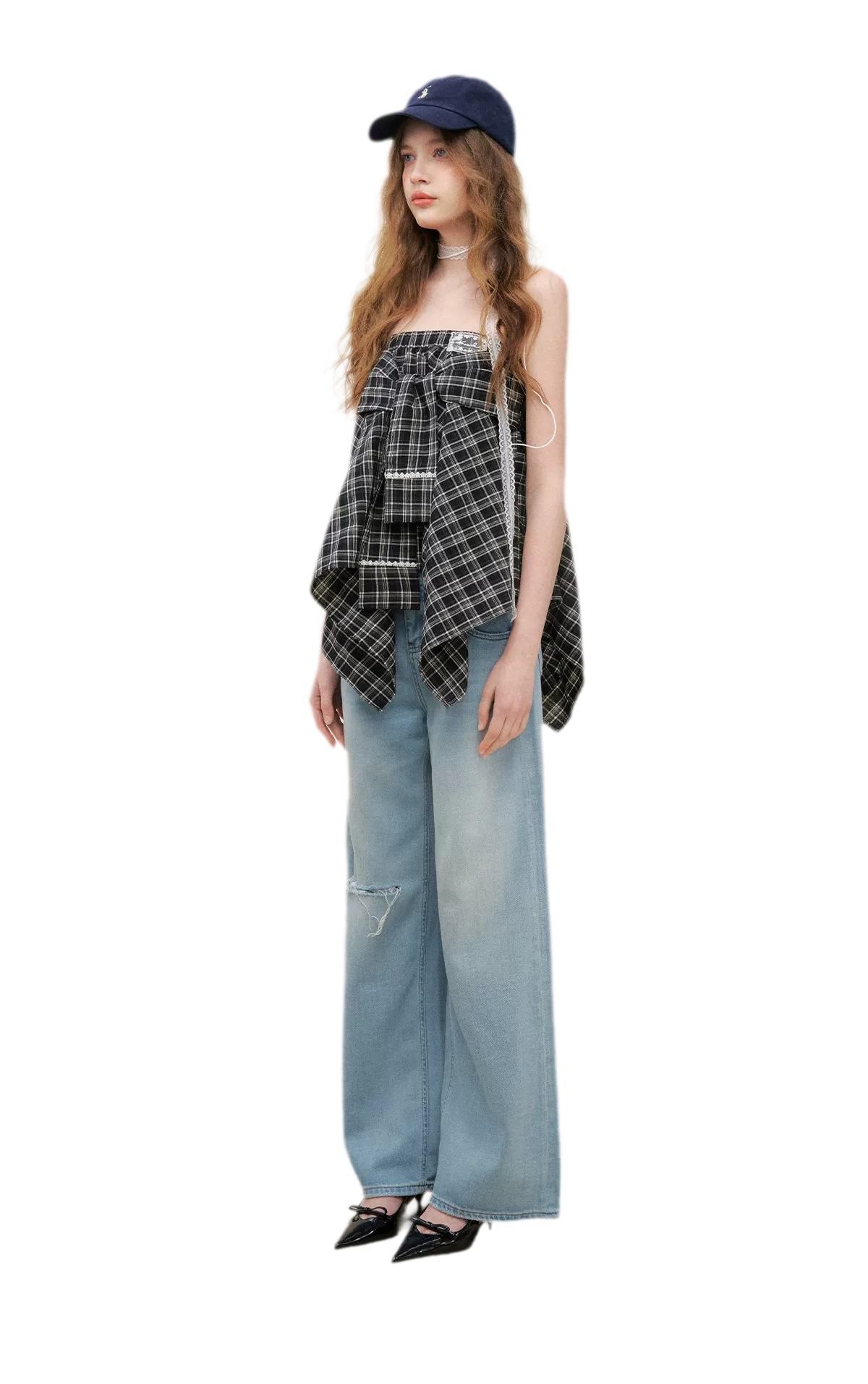 Asymmetric Lace Patchwork Plaid Skirt/Top