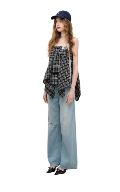 Asymmetric Lace Patchwork Plaid Skirt/Top