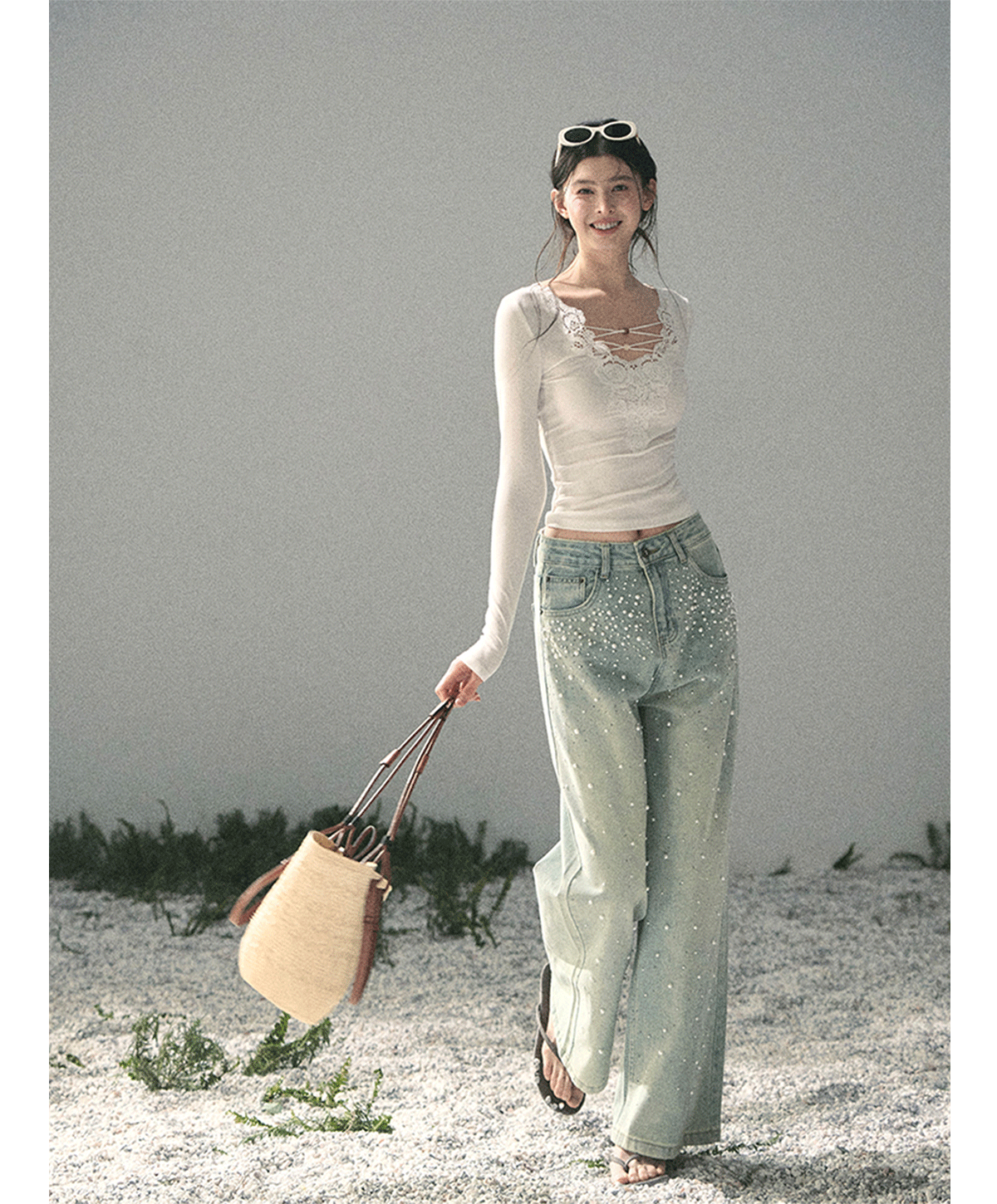 Washed Pearl Wide-Leg Jeans