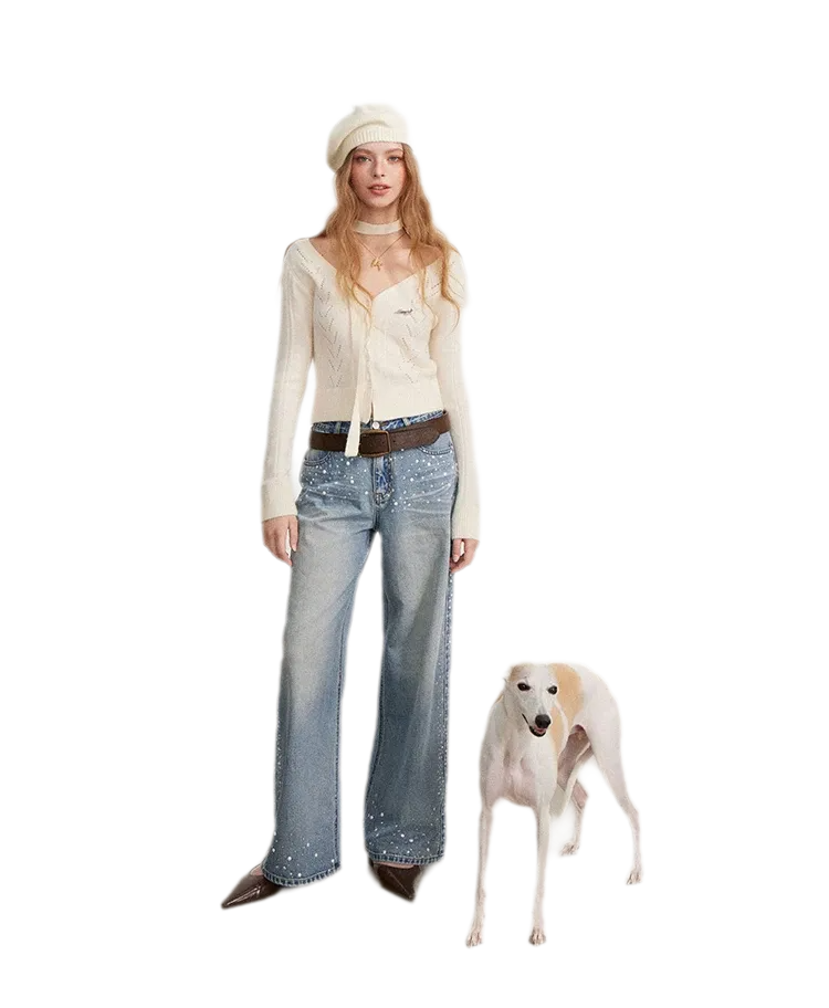 Rhinestone Pearl Wide-Leg Jeans