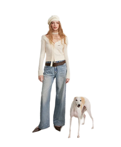 Rhinestone Pearl Wide-Leg Jeans