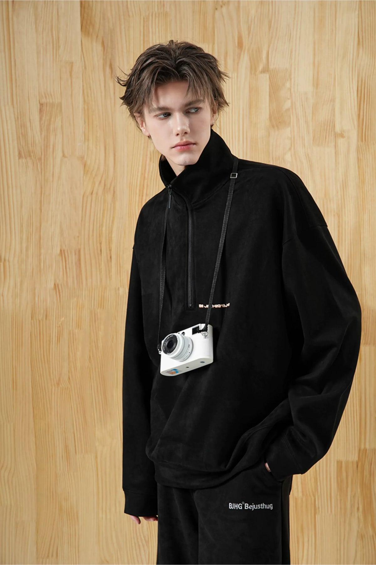 Faux Suede Oversize Polo Sweatshirt